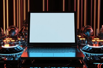 creative display of blank music playlist on dj laptop surrounded by glowing equipment