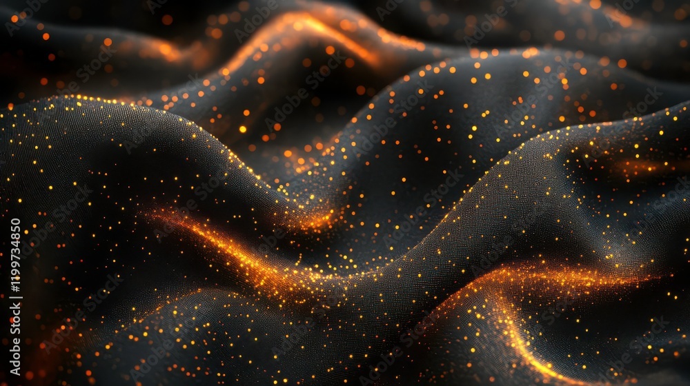 Poster a close-up of shimmering fabric with golden sparkles, creating a dynamic wave-like pattern against a