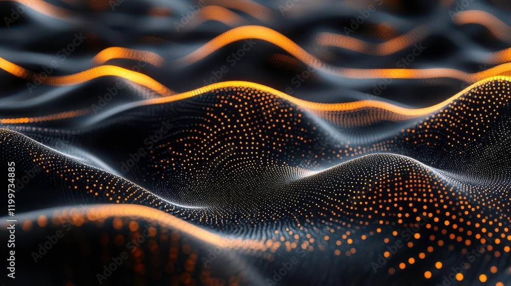 Poster a mesmerizing abstract design featuring undulating waves illuminated with glowing orange and dotted 