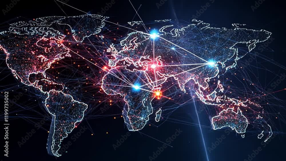 Poster global interconnectedness: a stylized, glowing map of the world with interconnected lines and nodes,