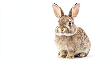 Fototapeta premium A cute rabbit sitting upright, ears perked up, isolated on a pure white background,