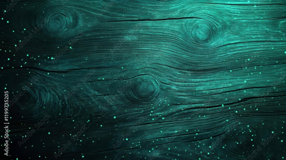 Poster a textured dark wood surface with teal hues and scattered light particles, creating a serene and enc