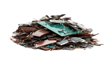 Close-up view of a pile of broken electronic components including circuit boards and wires isolated on a white background.