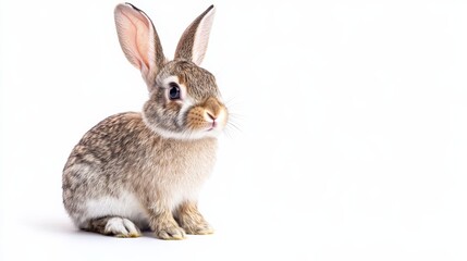 Fototapeta premium A cute rabbit sitting upright, ears perked up, isolated on a pure white background,