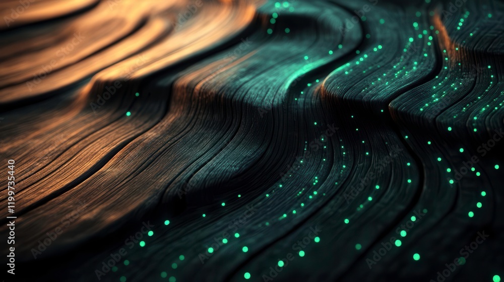 Poster a mesmerizing close-up of textured wooden waves illuminated by soft light, featuring glowing particl