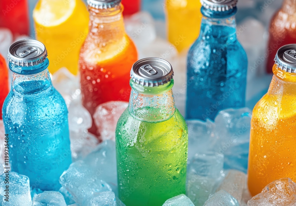 Poster refreshing variety of colorful bottled drinks surrounded by ice cubes in a close-up image ideal for 