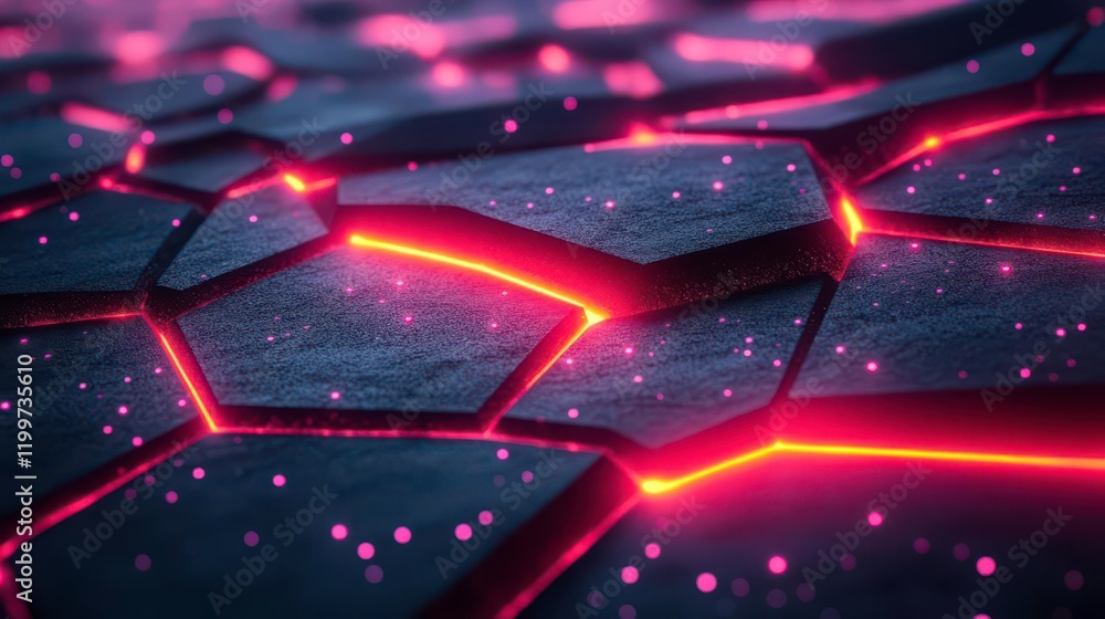 Poster a close-up view of hexagonal tiles illuminated by vibrant red light, creating a futuristic and textu