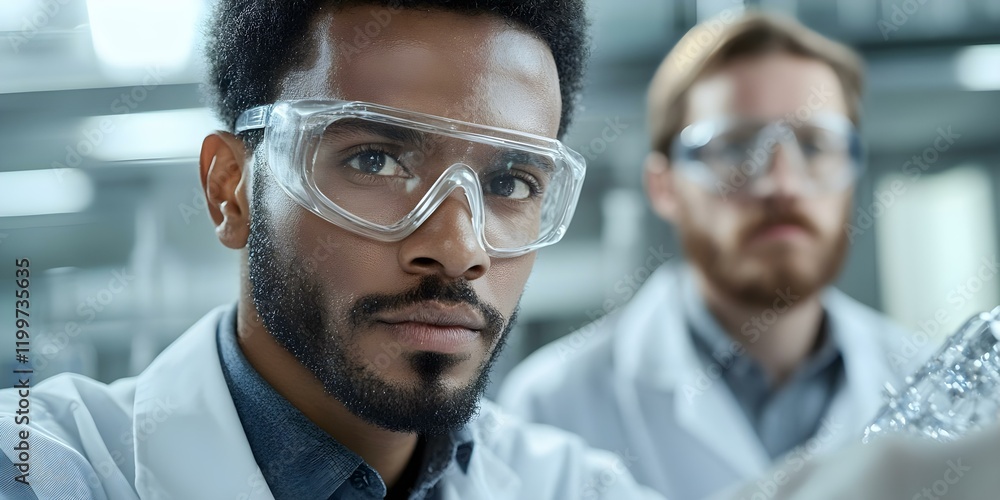 Poster two scientists in lab coats and safety goggles, focused on an experiment in a laboratory setting. co