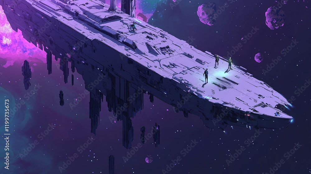 Poster isometric adventurers exploring a massive abandoned spaceship in deep space