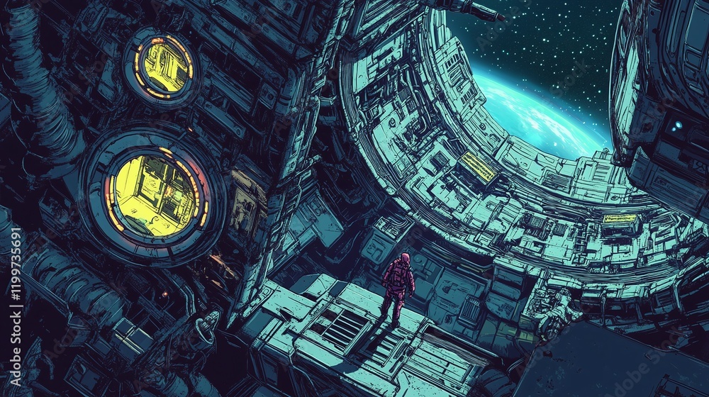 Poster isometric adventurers exploring a massive abandoned spaceship in deep space