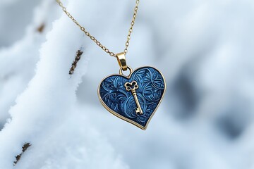 Fototapeta premium A heart shaped key necklace with blue enamel, a gold chain and fine engraving