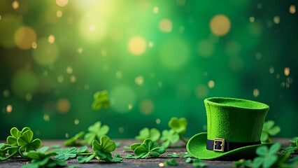 st patrick's day leprechaun hat and shamrock in green background with copy space for text