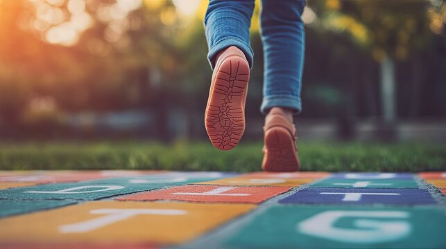 detailed view of child foot stepping onto colorful hopscotch grid with softly blurred outdoor surroundings