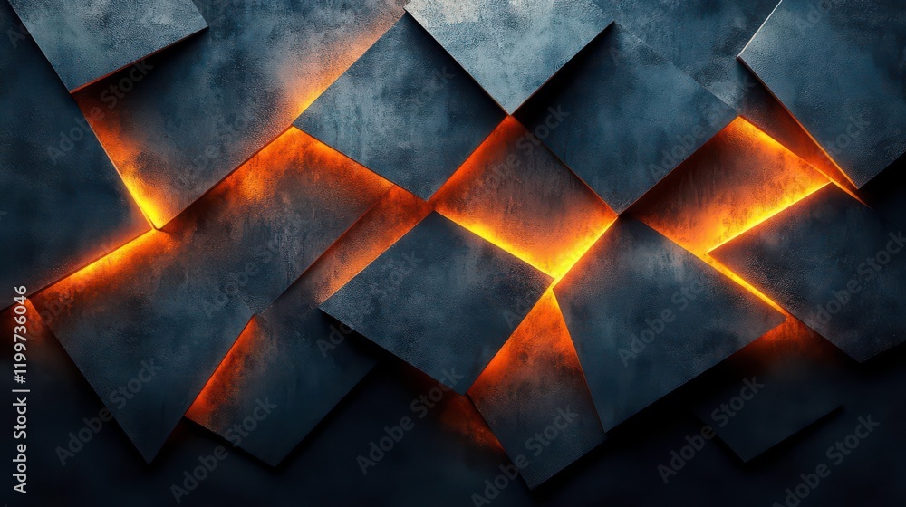 Poster a textured surface of dark metallic panels, interspersed with glowing orange lines, creating a dynam