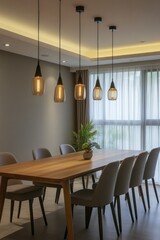 Fototapeta premium dining room with long wooden table scandinavian-style chairs and pendant lights casting warm light