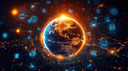 Obraz premium dramatic image of glowing earth surrounded by energy icons symbolizing global energy consumption and resources