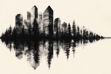 Fototapeta premium Mysterious city skyline reflected in a tranquil lake, surrounded by a dark forest. A monochrome dreamscape.