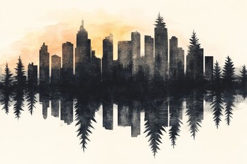 Obraz premium Silhouette of a city skyline reflected in a tranquil forest, creating a serene and artistic image. Dark silhouettes against a warm, watercolor-like sky.