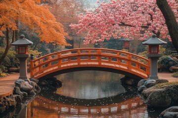 traditional japanese garden with cherry blossoms, stone lanterns, and a curved wooden bridge over a koi pond, captured at golden hour