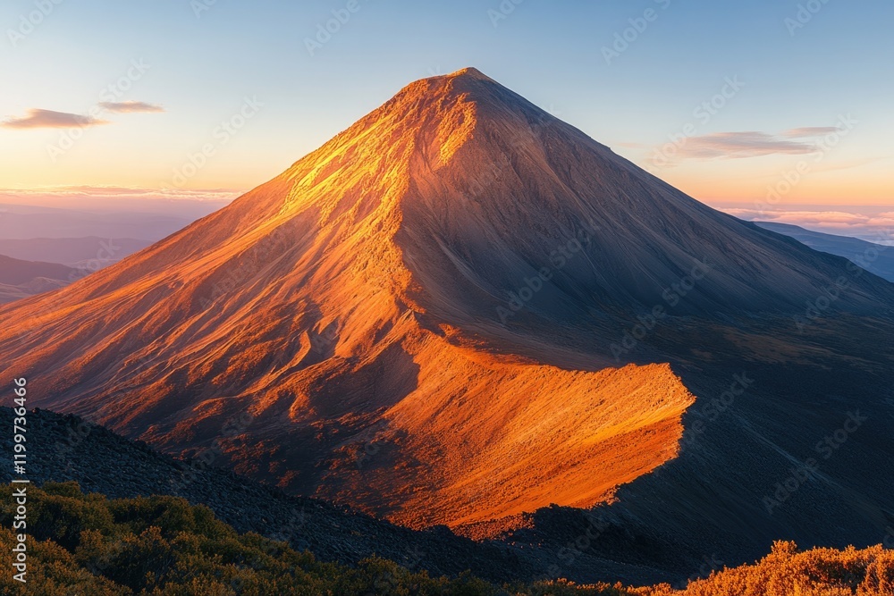 Poster dramatic shot of mountain peak glowing in golden light during sunrise with shadows creating depth an