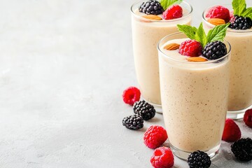 Paleo Ketogenic diet for healthy weight loss Creamy smoothies topped with fresh berries and mint leaves.