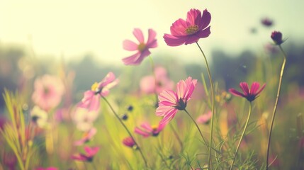 Pink cosmos flowers field sunrise nature beauty background