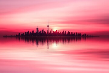 Obraz premium Silhouette of a city skyline at sunset, reflected in calm water. Pink and orange hues dominate the sky.