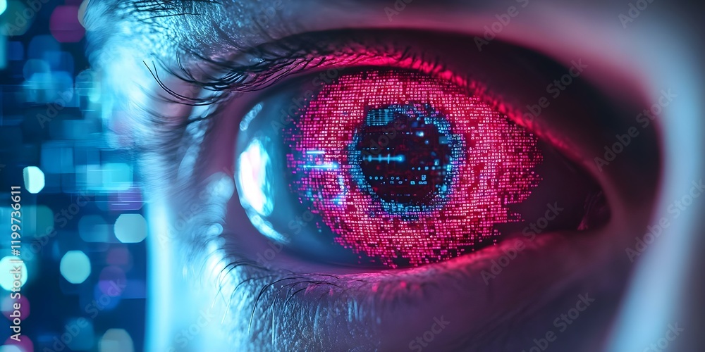 Poster a close-up of an eye featuring a digital, colorful pattern representing technology or artificial int