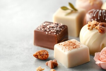 Assorted gourmet chocolates arranged attractively on a light surface, showcasing different flavors and textures for a delightful treat