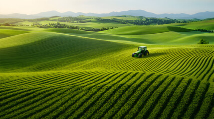 Lush Green Fields with Tractor in Scenic Rural Landscape