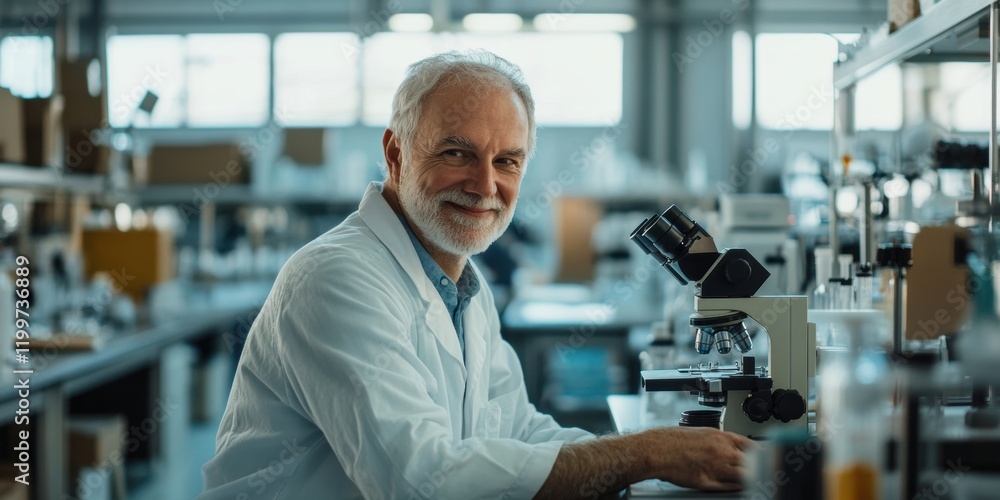 Aufkleber senior scientist smiling while seated near a microscope in a bustling laboratory environment -