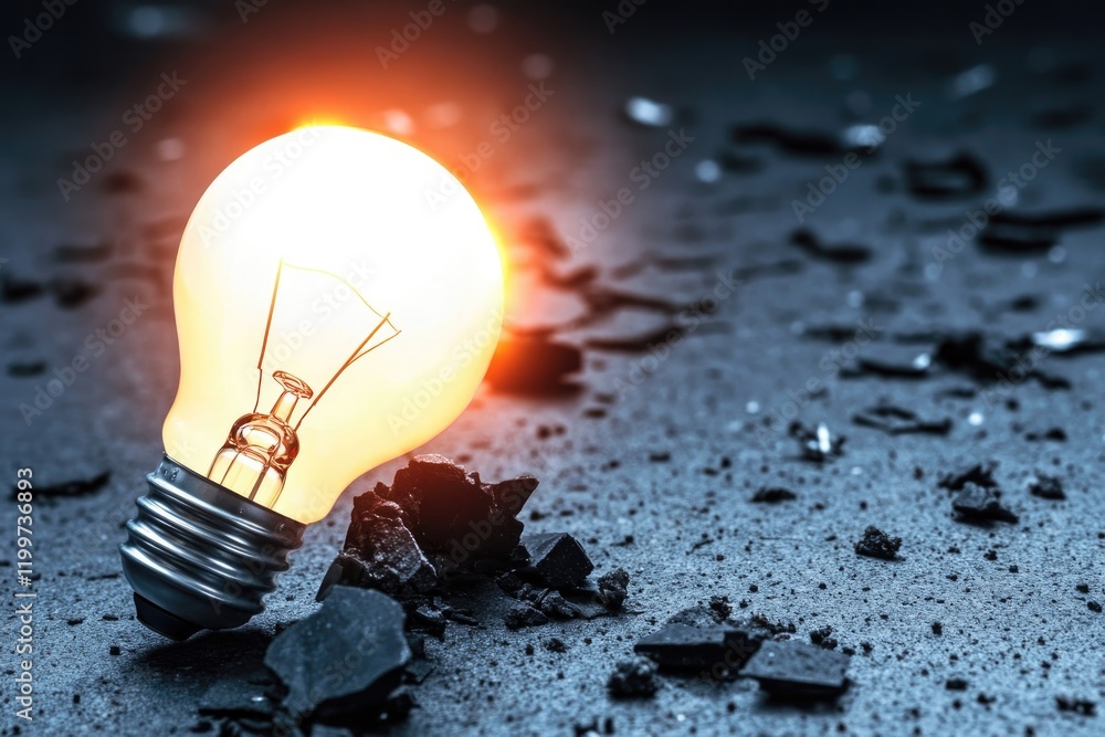 Poster dynamic image of glowing lightbulb breaking through dark surface symbolizing breakthrough innovation
