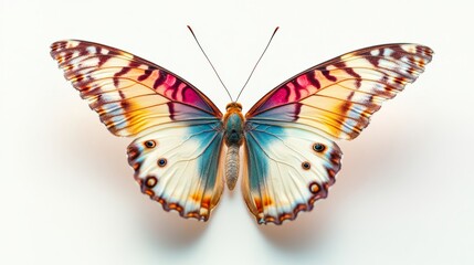 Obraz premium A delicate butterfly with its colorful wings spread wide, isolated on a pure white background,
