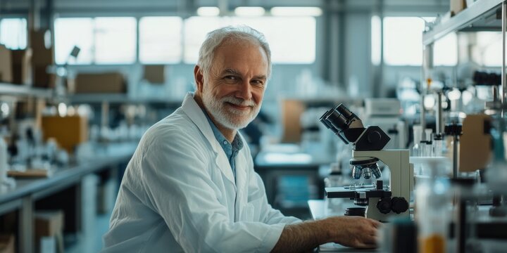 Senior scientist smiling while seated near a microscope in a bustling laboratory environment -
