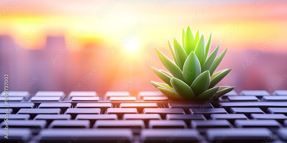 Poster a succulent plant sits on a computer keyboard with a vibrant sunset in the background, creating a se