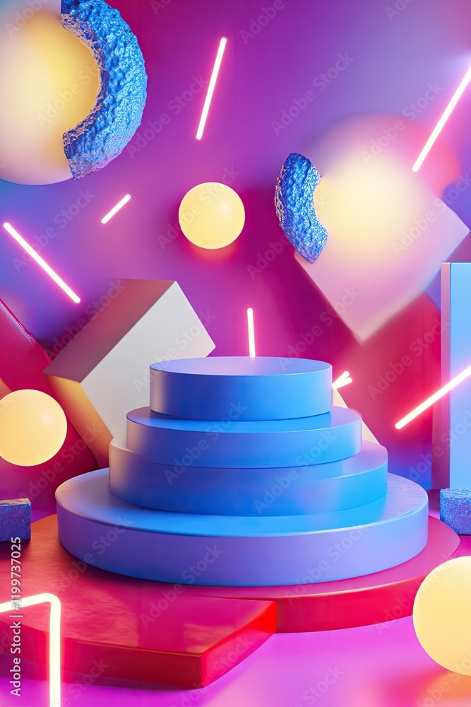 Poster dynamic podium in bold primary colors surrounded by abstract shapes and soft glowing lighting effect