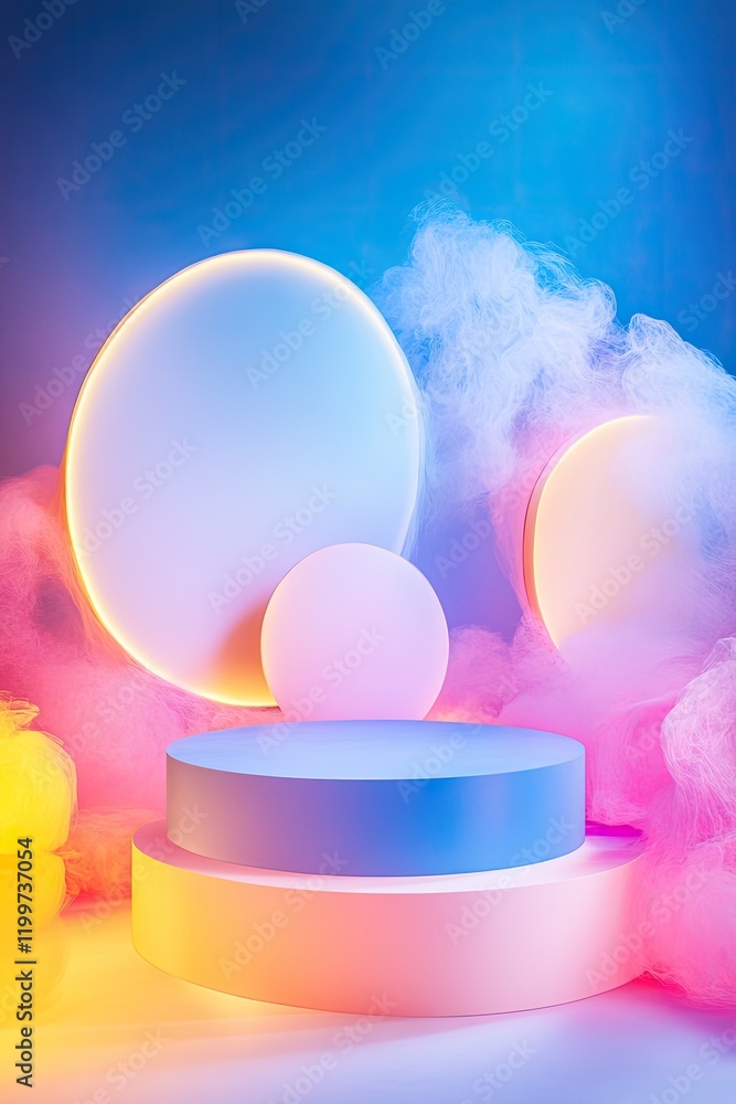 Aufkleber dynamic podium in bold primary colors surrounded by abstract shapes and soft glowing lighting effect