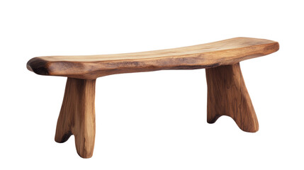 A unique handcrafted wooden bench with a natural finish, showcasing organic shapes and design, perfect for outdoor or indoor relaxation.