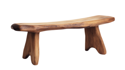A unique handcrafted wooden bench with a natural finish, showcasing organic shapes and design, perfect for outdoor or indoor relaxation.