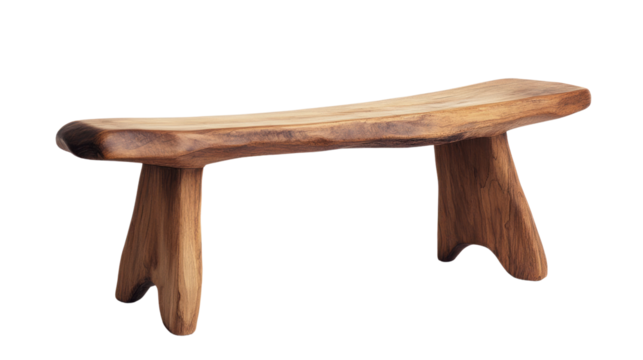 A unique handcrafted wooden bench with a natural finish, showcasing organic shapes and design, perfect for outdoor or indoor relaxation.
