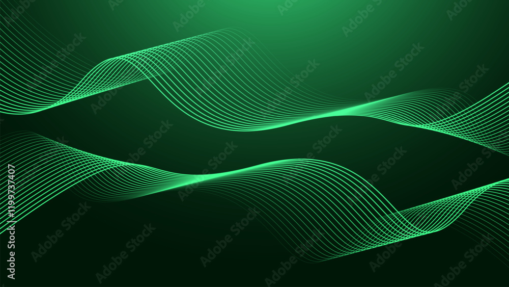 Wall mural abstract shining wave lines on dark green background. dynamic wave pattern. futuristic technology co