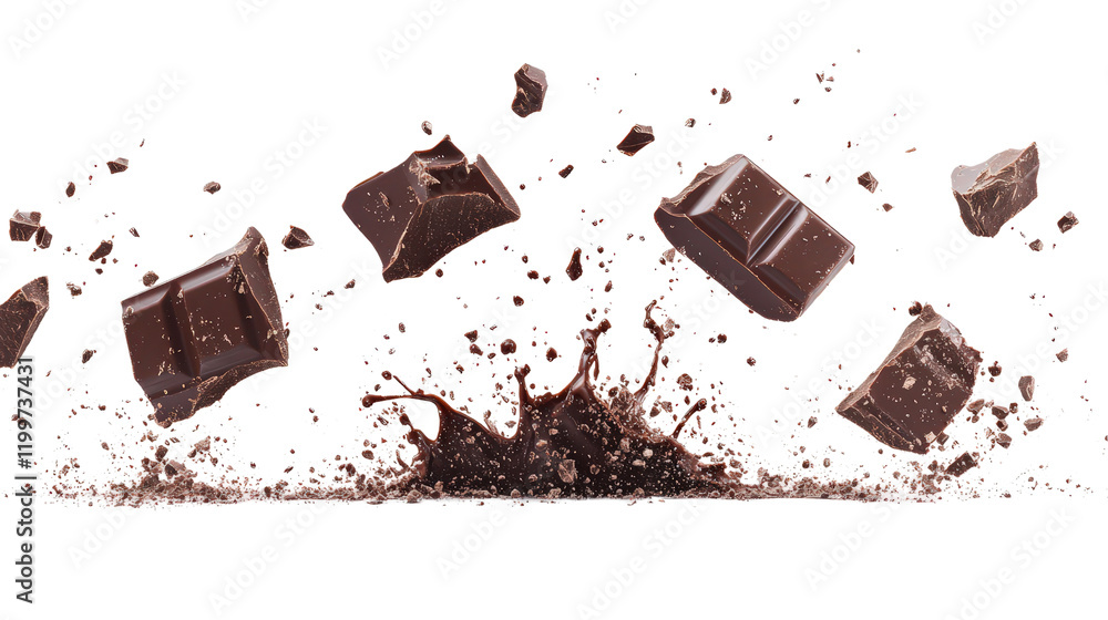 Poster chocolate splashes out from broken chocolate bar on white background in high resolution isolated on 