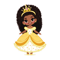 Cute little black princess with beautiful eyes in yellow dress and golden crown. Isolate on white background, Vector illustration in flat drawn cartoon style © Marta Vitek