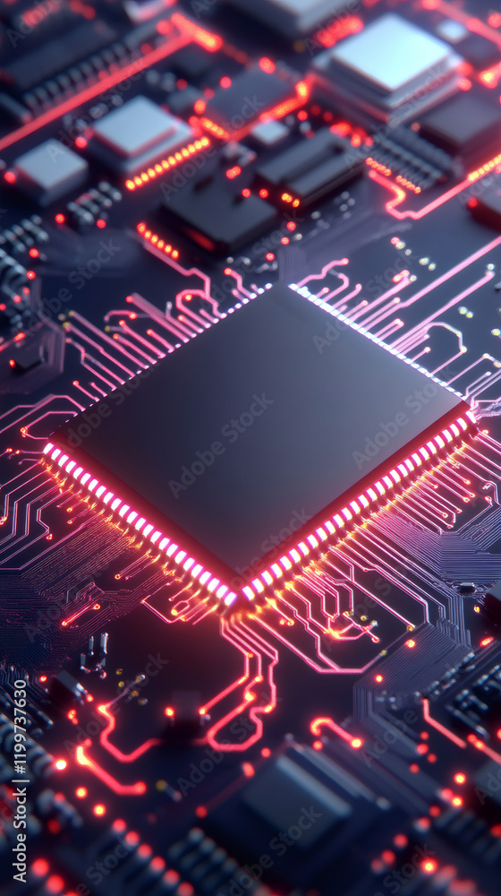 Poster glowing red cpu illuminating intricate electronic landscape, revealing technological complexity and 