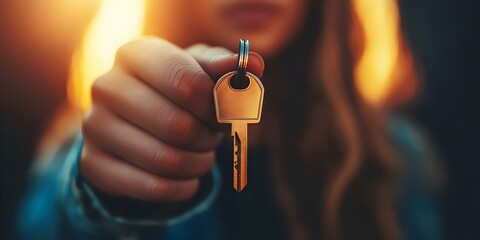A person holding a key with a blurred background, suggesting a theme of unlocking or new opportunities. Concept Unlocking Potential, New Beginnings, Symbolic Key Imagery, Inspirational Themes