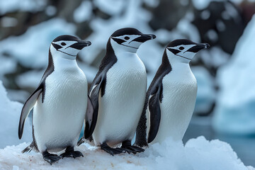 Obraz premium Group of chinstrap penguins staying in chick nursery in the snow ice in Antarctica.