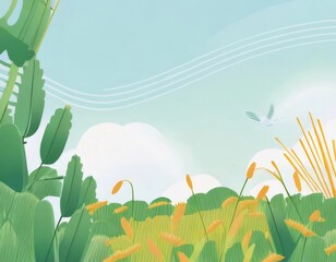 Lush green field, sunny sky, bird flying.  Background ideal for nature, travel, or food blogs.