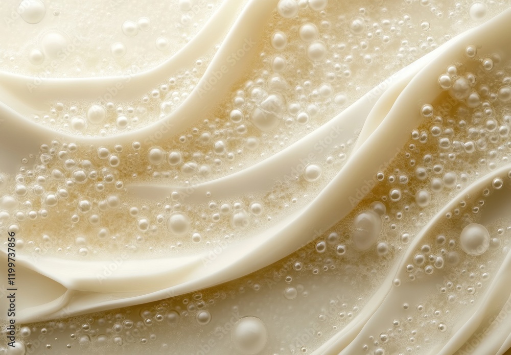 Poster smooth and silky white cream with bubbles on a flowing surface, capturing the essence of softness an