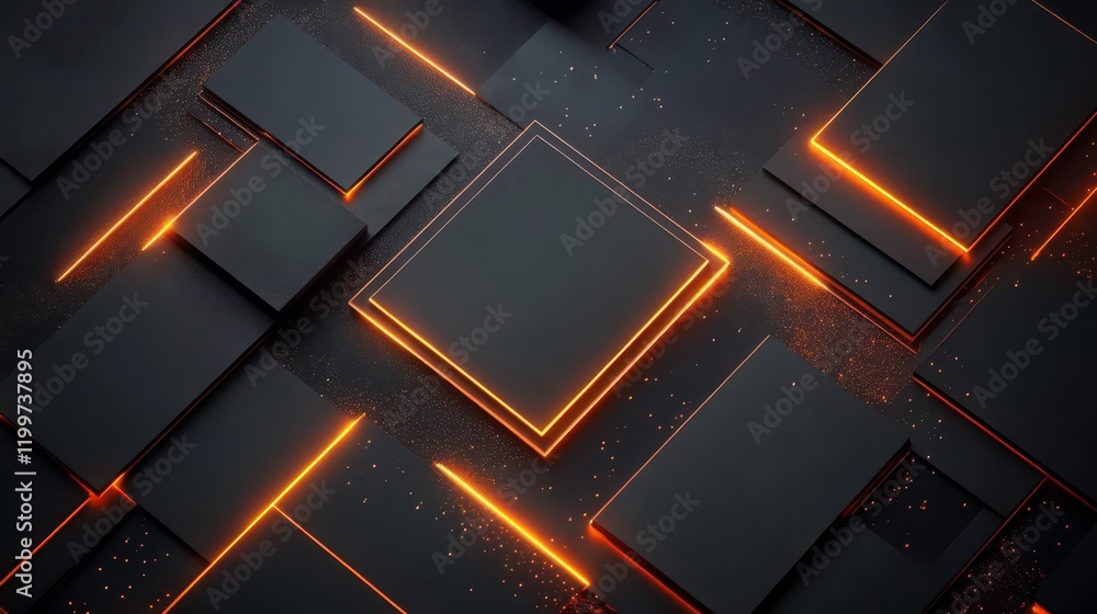 Poster a futuristic abstract design featuring dark blocks with glowing orange lines, creating a striking vi