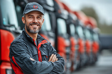 Transportation factory truck driver, bearded smiling man standing with arms crossed in front of the trucks looking at the camera